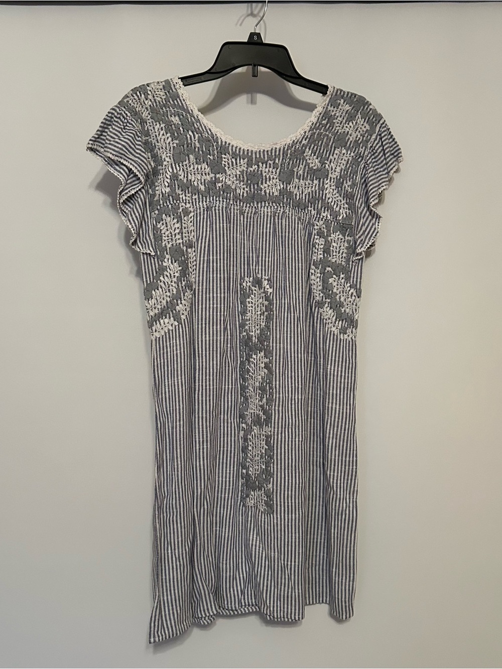 Striped Embroidered Cap-Sleeve Dress in Blue and White